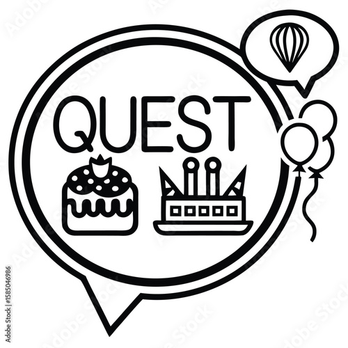 Vector art of a quest theme with cakes, crowns, balloons, and a hot air balloon in a speech bubble