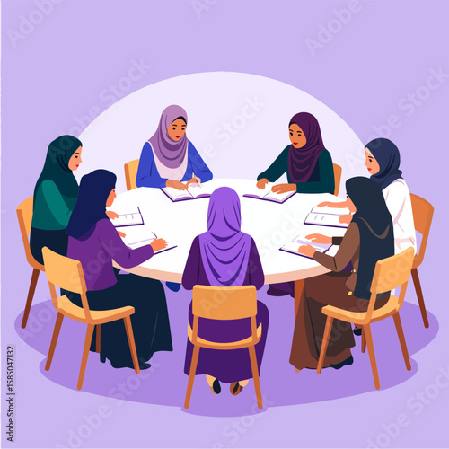 A group of Muslim women in hijabs gathered around a table for study, work, discussion, or meeting, fostering collaboration and diverse perspectives.