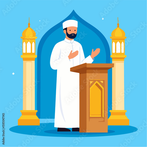 A muslim man in traditional dress stands at a podium in front of an arch and two columns, delivering a lecture or a religious speech, on a blue background.