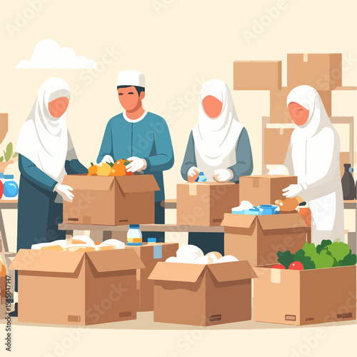 Group of Muslim volunteers, wearing hijabs and kufis, packing food and essential supplies into cardboard boxes for charity donation, vector illustration.