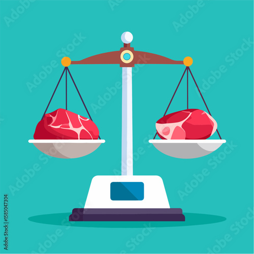 Cartoon illustration featuring a vintage scale with a piece of meat in each tray, against a vibrant turquoise background, symbolizing balance in diet and nutrition.