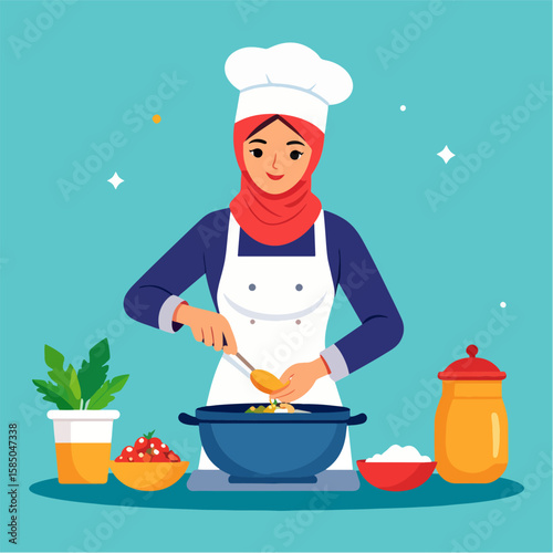 Vector illustration of a Muslim woman chef wearing a hijab and chef's hat, cooking food in a pan with ingredients on a kitchen counter against a blue background.