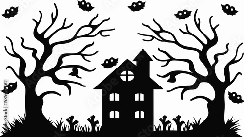 Silhouette of haunted house with trees and bats for halloween night spooky background illustration