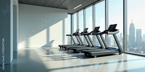 Modern treadmills in an empty gym with panoramic city skyline view, bright sunlight, and minimalist interior design