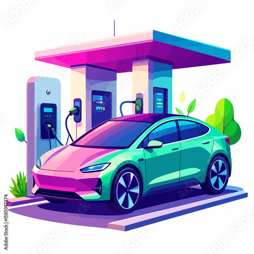 Colorful illustration of an electric car charging at a modern charging station, surrounded by greenery, showcasing the future of sustainable transportation.