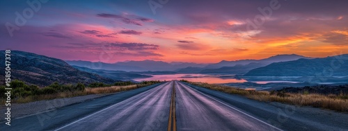 A scenic highway stretches towards a breathtaking sunset over a tranquil lake nestled within majestic mountains, painting a vibrant, colorful landscape