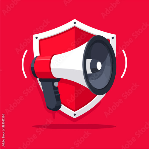 Vector illustration of a megaphone in front of a shield, perfect to represent protection and amplifying voices, isolated on a vibrant red background.