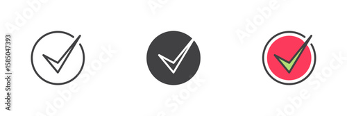 Checkmark icon set in line, solid and filled outline style