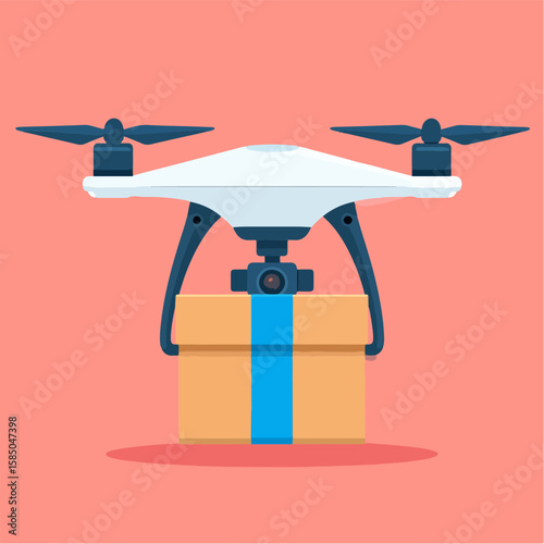 A modern flat illustration showcasing a drone delivering a package against a salmon-colored background, highlighting the future of logistics and delivery services.