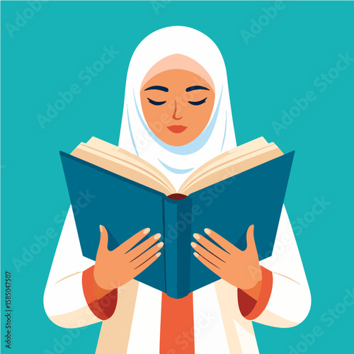 A serene Muslim woman wearing a white hijab is absorbed in reading a blue book, fostering a sense of knowledge, education, and cultural enrichment on a teal background.
