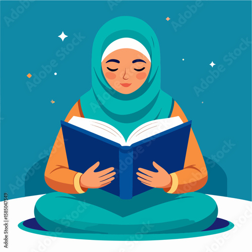 Illustration of a young Muslim woman wearing a hijab, seated in a meditative pose while peacefully reading an open book under a night sky with stars, promoting knowledge and serenity.