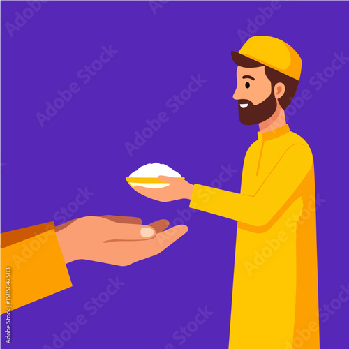 Vector illustration of a Muslim man in yellow giving Zakat al-Fitr (charity) during Ramadan to a receiving hand against a purple background.