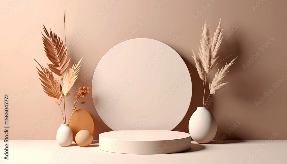 Fototapeta premium Minimalist decorative display with dried plants and geometric shapes neutral background photography indoor setting aesthetic concept