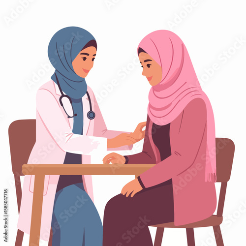 A Muslim female doctor in a hijab examines a patient in a modern clinic, symbolizing healthcare, diversity, and inclusivity in medical settings.