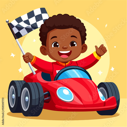 A cheerful cartoon illustration of a young African-American boy winning a race in his red race car while waving a checkered flag against a yellow background.