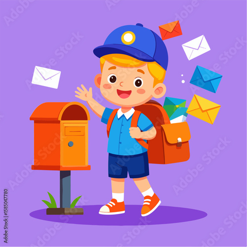 Cartoon illustration of a happy young boy in a mail carrier costume waving next to a mailbox surrounded by colorful letters ready to be delivered on a light purple background.