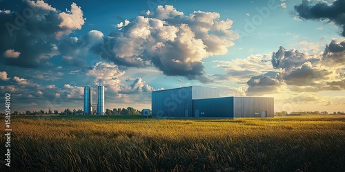 A vast, open field with a carbon capture storage unit in the background, representing the role of technology in reducing carbon emissions and promoting sustainability.