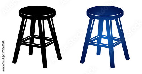 Wooden bar stools in black and blue color, isolated vector image on transparent background, set