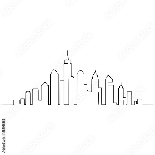 City skyline illustration in minimalist line art style, isolated vector image on transparent background  