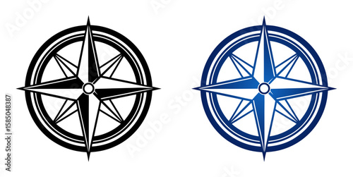 compass rose symbols in minimalist design, two design variants - black color and with blue gradient, icon set  