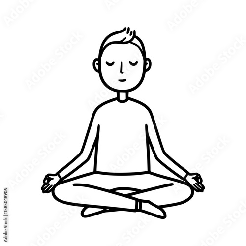 Young boy meditating in a cross-legged position with closed eyes, isolated vector image on transparent background, line style drawing
  