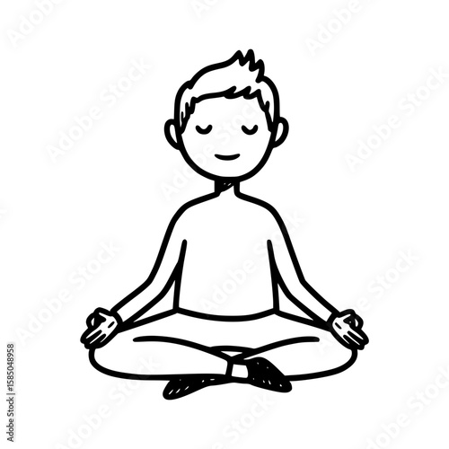 Boy meditating with closed eyes, isolated vector image on transparent background, line style drawing

