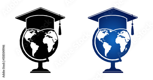 Graduation cap symbolizing global education with globe, two design variants - black color and blue gradient
