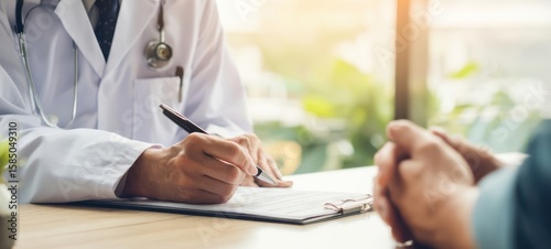 The doctor writing notes during a patient consultation in a bright office setting.