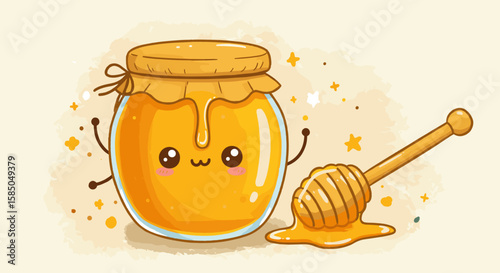 Cute cartoon honey jar with honey dipper