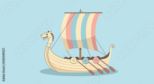 Cartoon viking ship sailing on blue background