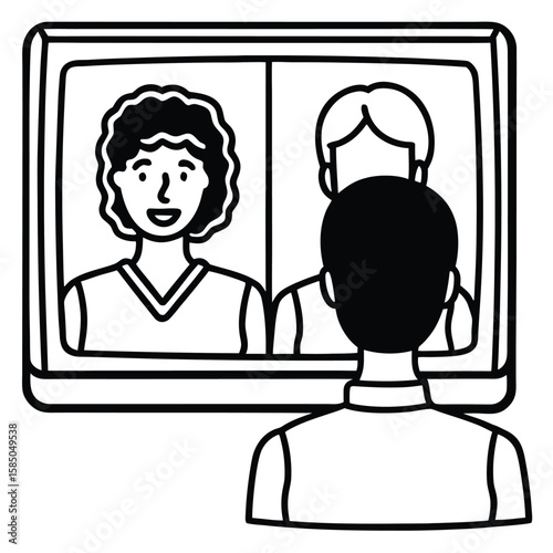 Vector art of a man participates in a video call with two people on a screen
