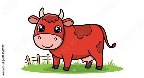 Cute cartoon red cow in green field