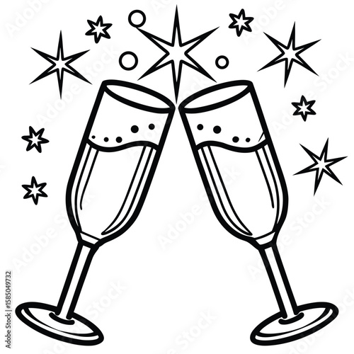 Vector art of two champagne glasses clinking together with stars and bubbles, celebrating