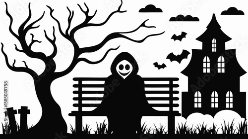 Silhouette of grim reaper sitting on a bench near a haunted house and graveyard scene with bats and clouds