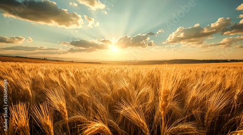 Golden wheat stalks sway gently in a vast field under a dramatic sunset sky with sun rays breaking through clouds