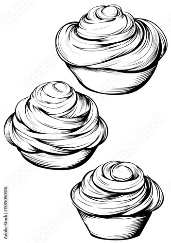 Three stylized cupcakes with swirled frosting on white background  