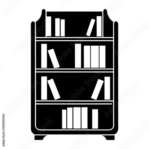 Black silhouette bookcase with shelves displaying various books  
