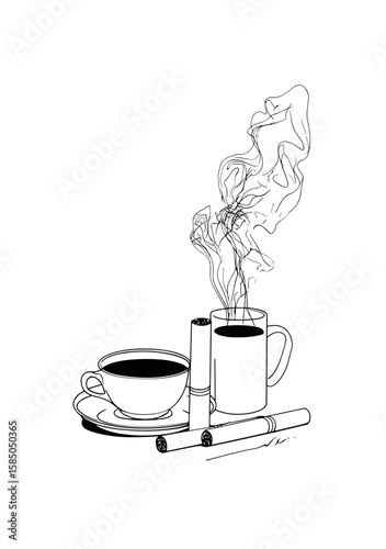 Simple line art of a coffee cup and cigarettes with smoke  