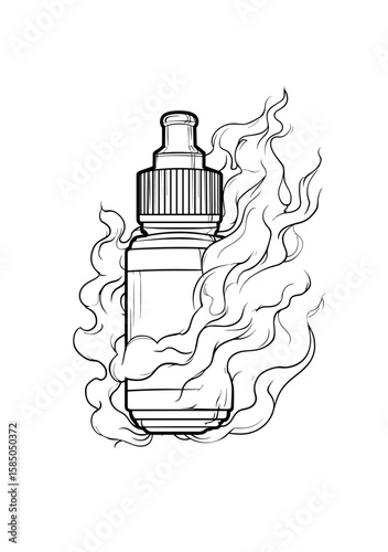 Tattoo design of a vape bottle with swirling smoke in minimalist style  