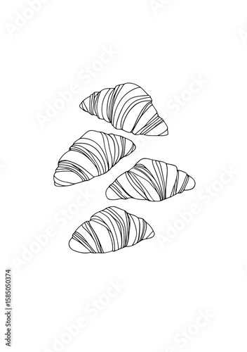 Minimalistic line art of four French croissants on white background  