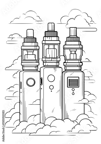 Vape devices in minimalist line art style on cloud background  