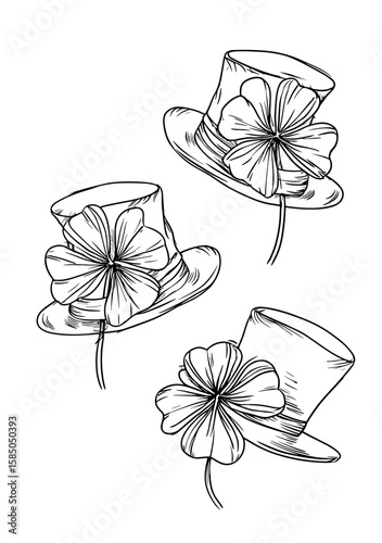 Three elegant top hats adorned with flowers in minimal sketch style for St. Patrick's Day  