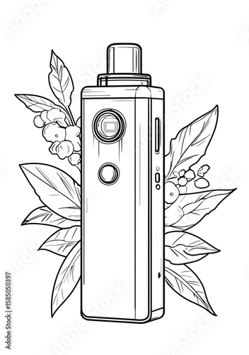 Vape device sketch surrounded by leaves and berries in minimalistic style  