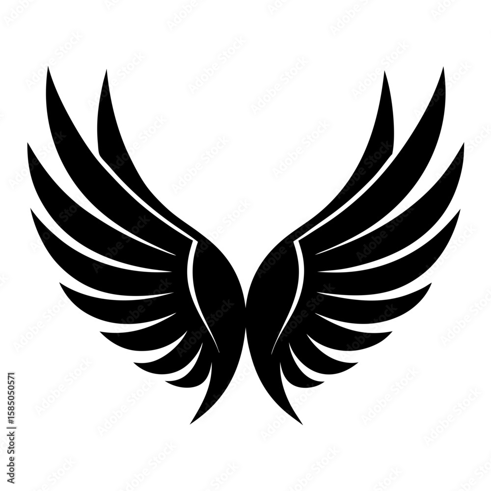 Fototapeta premium Black wings icon for logo design and silhouette symbolism, isolated vector image on transparent background