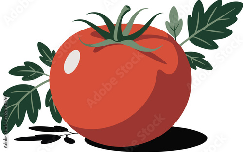 A fresh, juicy tomato, surrounded by green leaves,  Transparent png vector isolated
