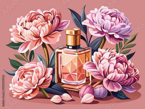 vector of Pink women's perfume bottle and peony flowers on a soft pink background