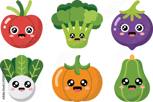 A set of adorable vegetable characters smiling with lovely eyes Transparent png vector isolated