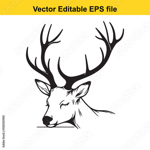 Deer head with closed eyes and large antlers, isolated