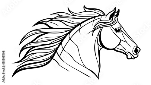 Horse head outline with flowing mane in minimalist style, isolated vector image on transparent background  