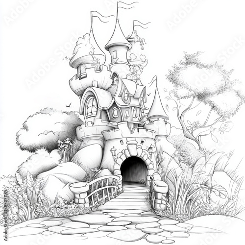 drawing of a fairytale castle with winding towers, a bridge, and an archway entrance, surrounded by lush vegetation, trees, and rocks, creating a magical and intricate illustration for coloring